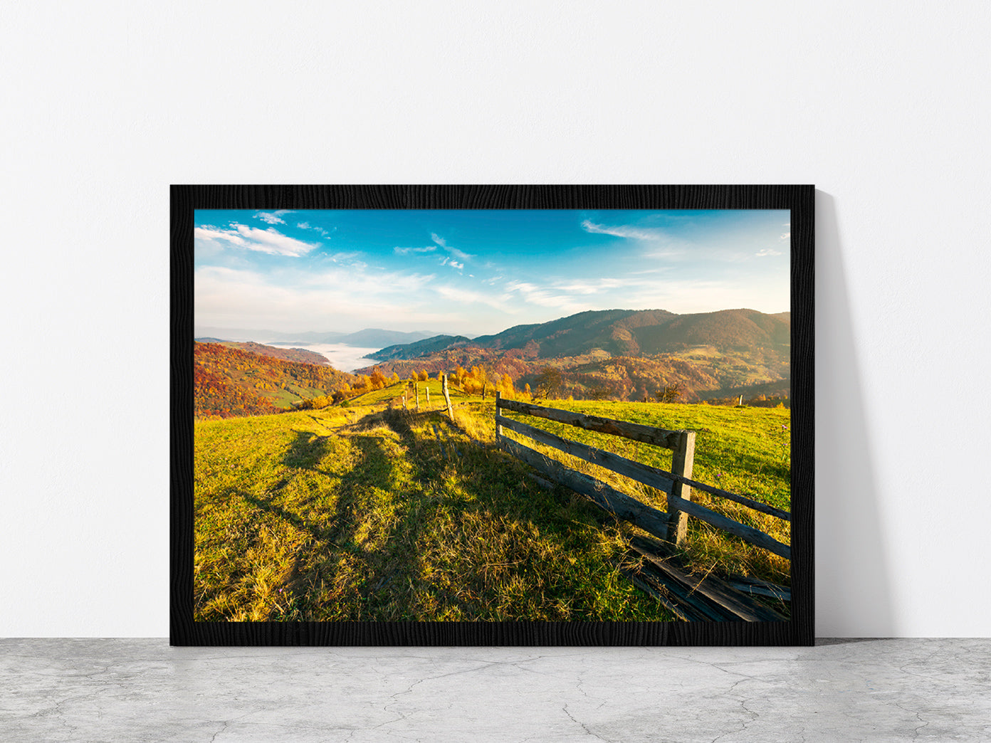 Countryside Foggy Autumn Sunrise Glass Framed Wall Art, Ready to Hang Quality Print Without White Border Black