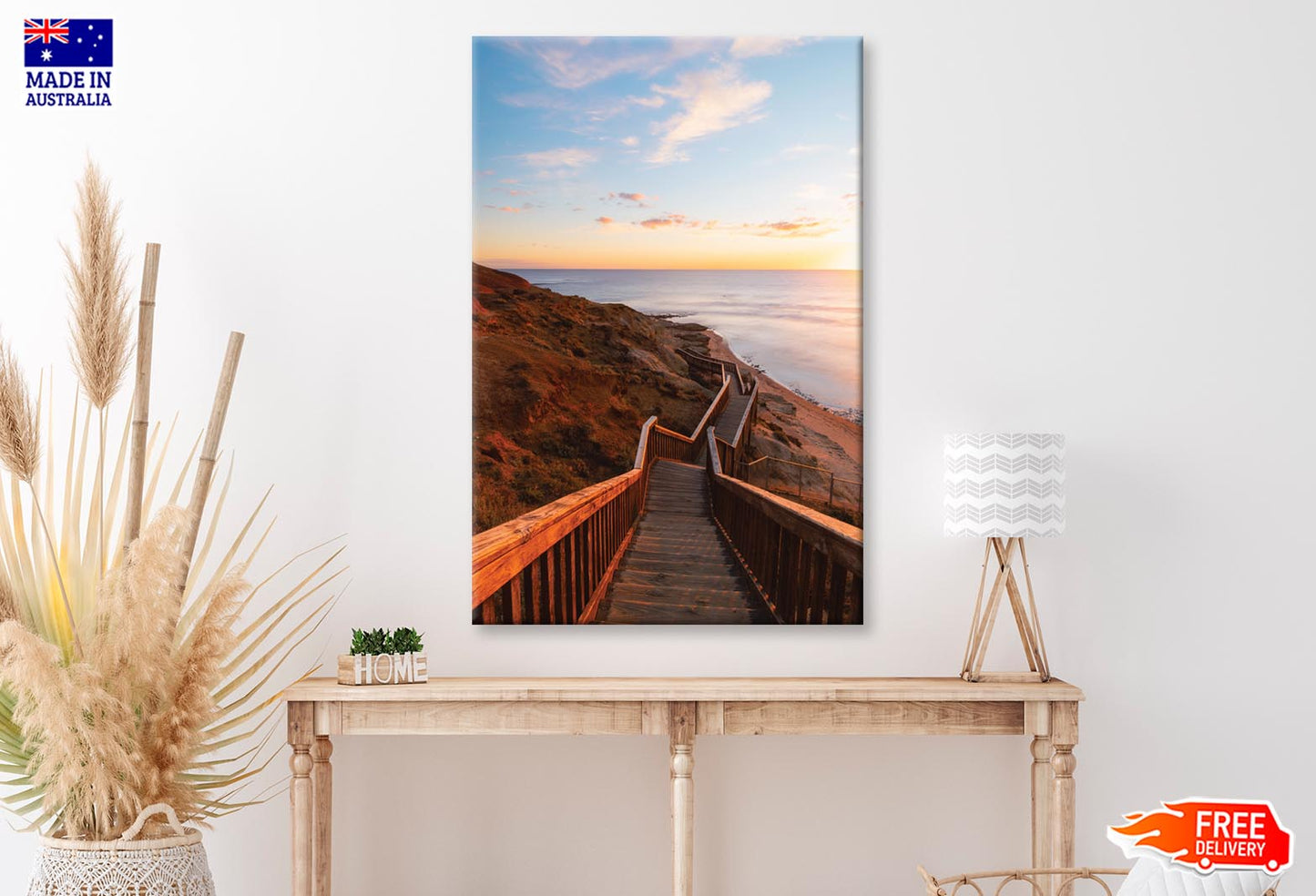 Stair Walkway Along the Coastline with Sunset View at Port Noarlunga, South Australia Wall Art Decor 100% Australian Made