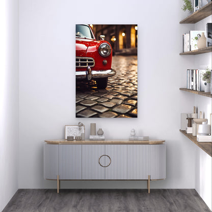 Classic Red Vintage Car Cobblestone Street 40x60cm Metal Print Ready to Hang