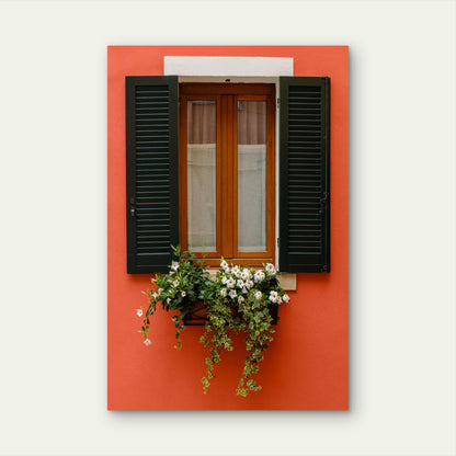 Red Wall Window Flower Box 40x60cm Metal Print Ready to Hang