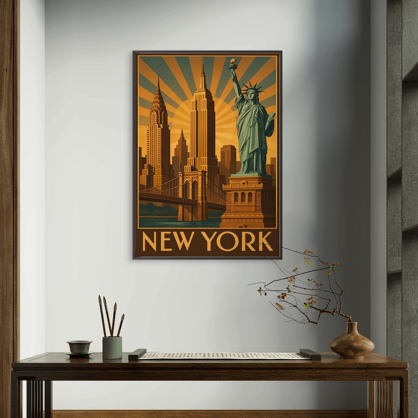 New York City Skyline Statue of Liberty & Iconic Buildings Travel Poster Print Wall Art