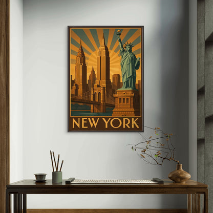 New York City Skyline Statue of Liberty & Iconic Buildings Travel Poster Print Wall Art