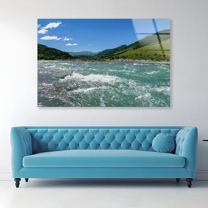 A River Flowing Through Green Hills with Mountains Acrylic Glass Print Tempered Glass Wall Art 100% Made in Australia Ready to Hang