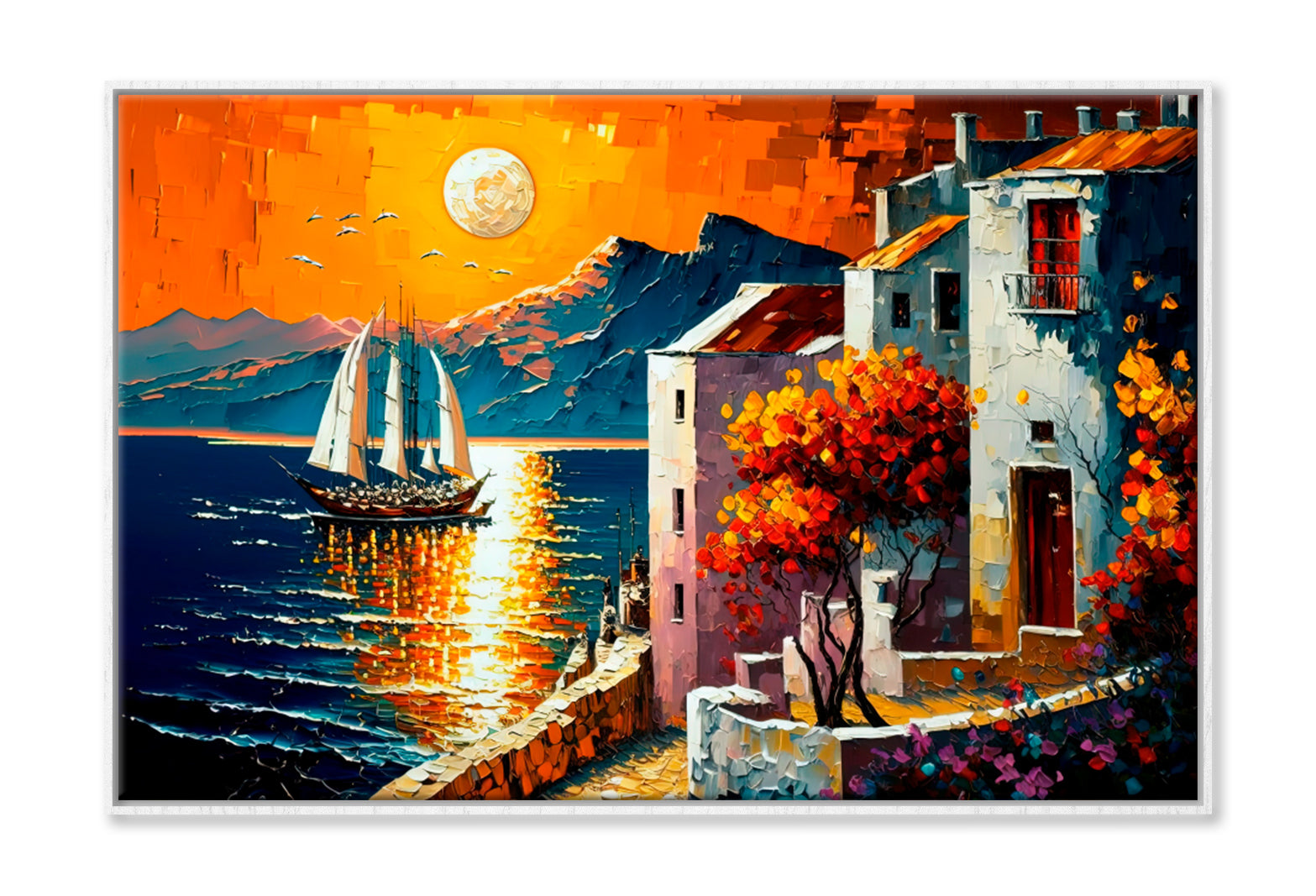 Seaside Cityscape With Ocean View Oil Painting Wall Art Limited Edition High Quality Print Canvas Box Framed White