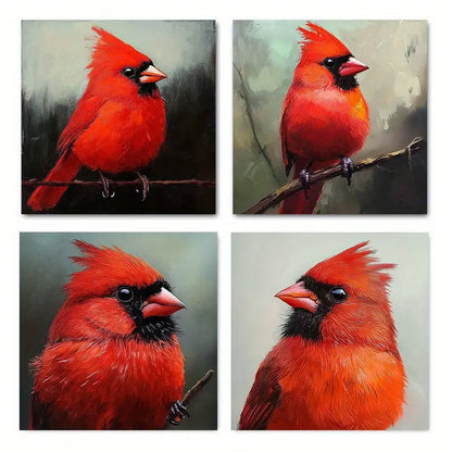 4pcs Summer Red Cardina Elegant Wall Art Canvas Framed