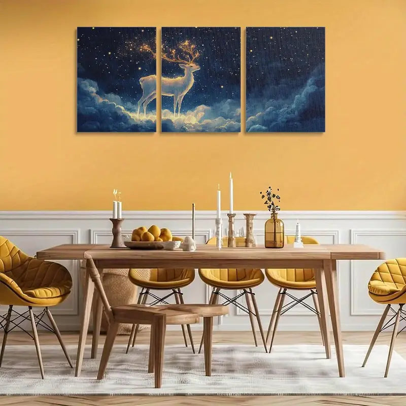 3pcs Deer & Starry Night Sky with Golden Antlers Metal Print Ready to Hang Art