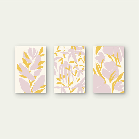 3pcs Pastel Purple and Yellow Botanical Abstract Painting Wall Art Set Canvas Framed 50x70cm - High Quality Print 100% Australian Made Wall Canvas Ready to Hang