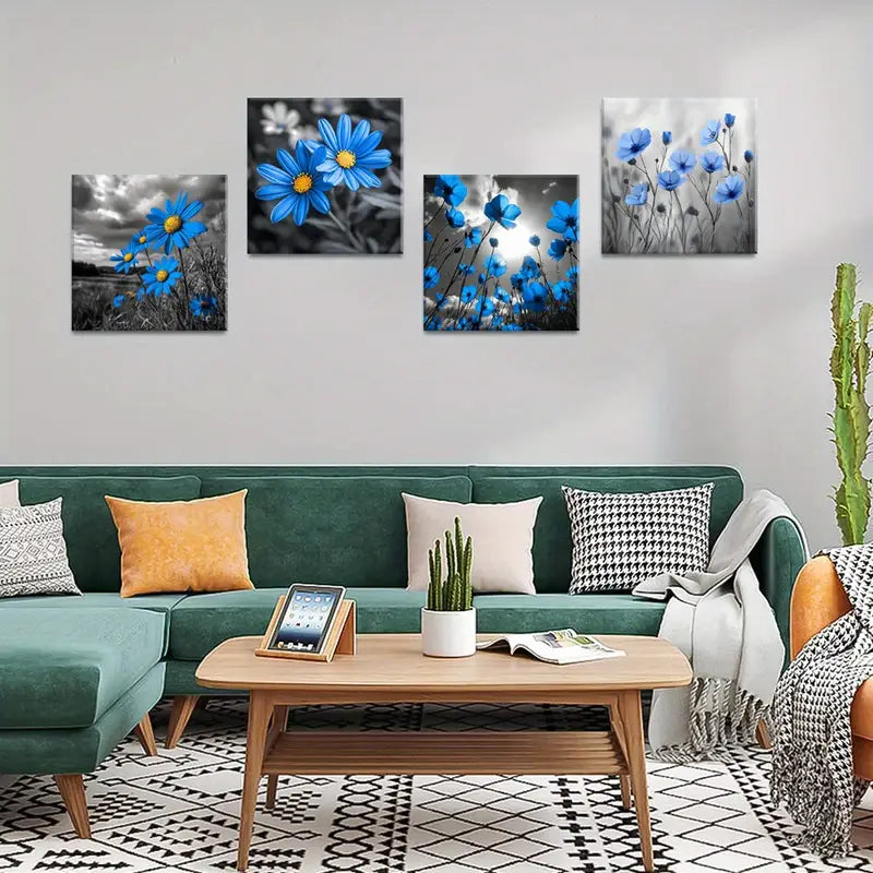 4pcs Framed Daisy Paintings, Botanical Wall Art Canvas Framed