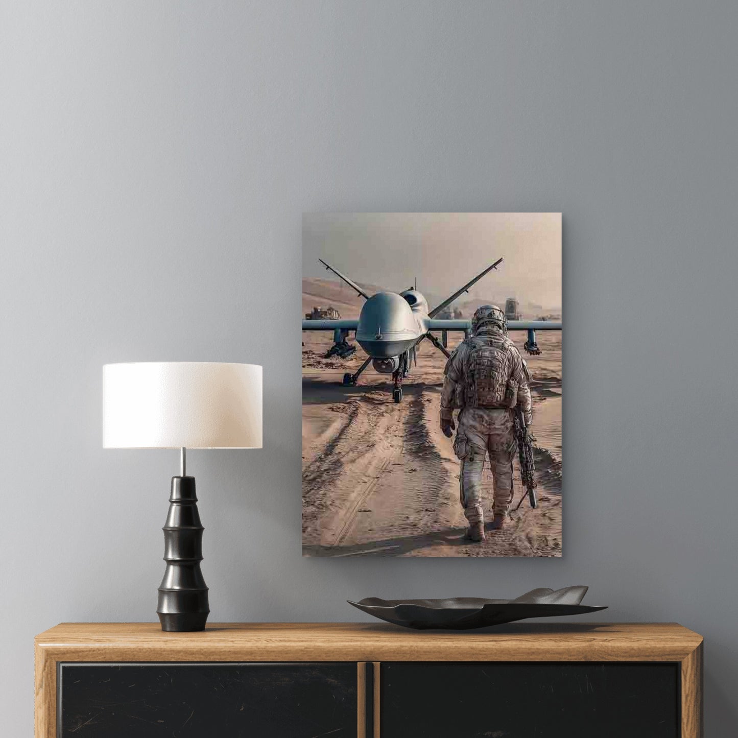 Detailed Drone & Soldier Scene 60x90cm Metal Print Ready to Hang