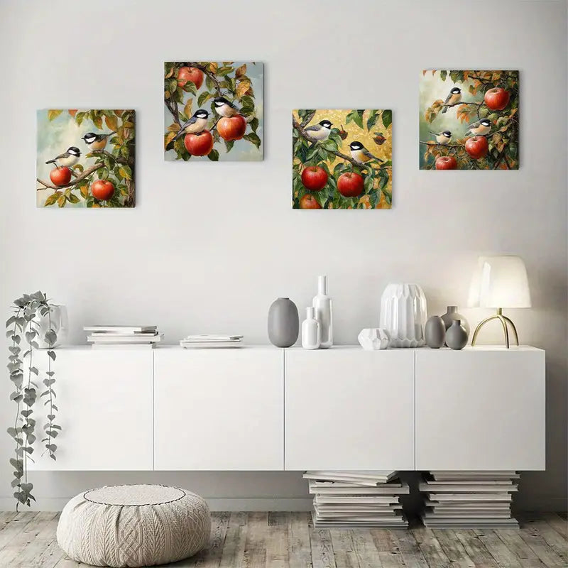 4pcs Apple Harvest Chickadees & Flowers Wall Art Canvas Framed