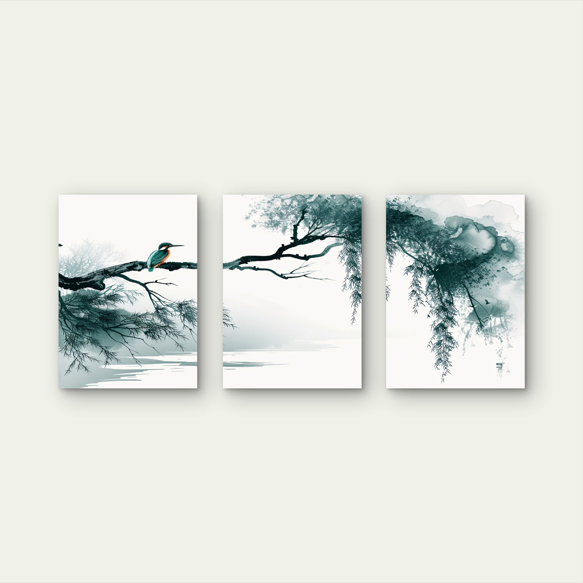 3pcs Kingfisher Bird Japanese Ink Wash Wall Art Set Canvas Framed 40x60cm - High Quality Print 100% Australian Made Wall Canvas Ready to Hang