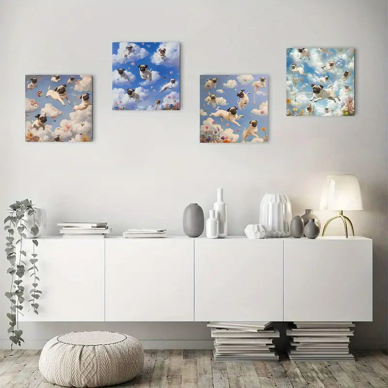 4pcs Dog Sky Flower Poster Wall Art Canvas Framed