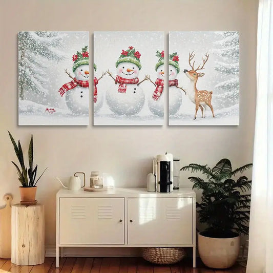 3pcs Reindeer & Snowman White Snow Design Metal Print Ready to Hang Art