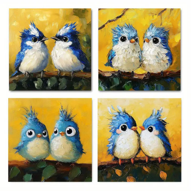 4pcs Vintage Abstract Cartoon Tufted Titmouse Bir Wall Art Canvas Framed