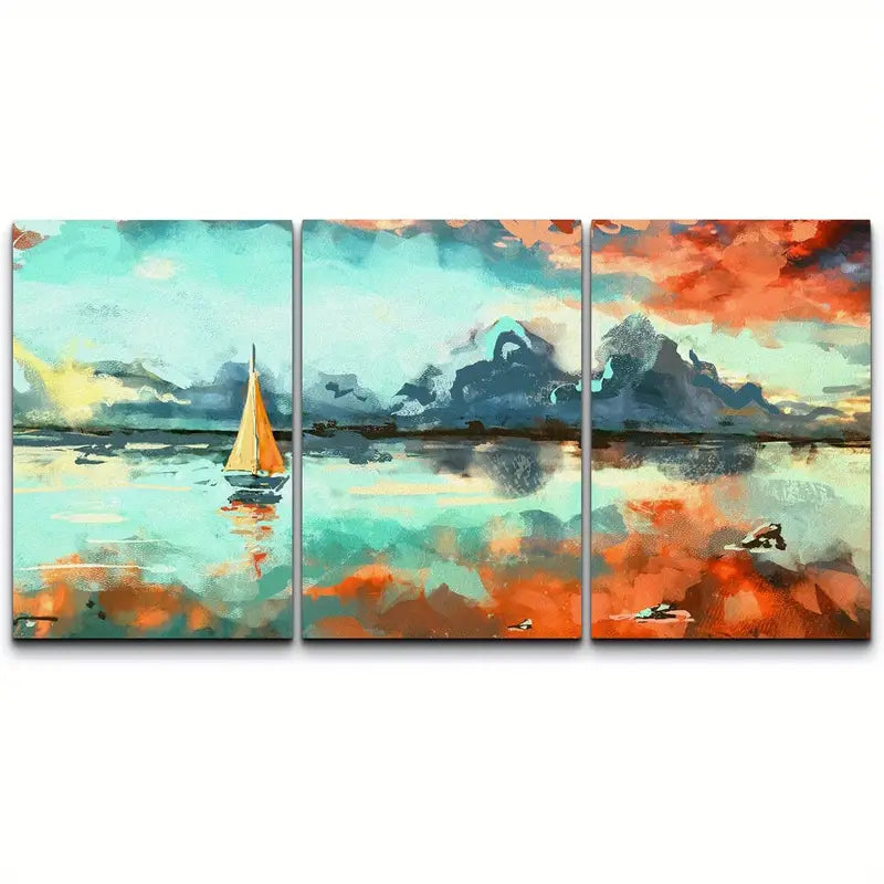 3pcs Ocean Sunset Boats Watercolor Design Metal Print Ready to Hang Art