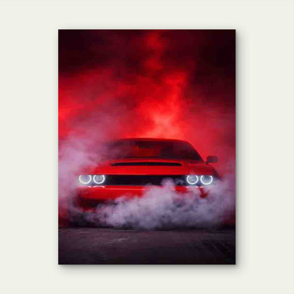 Featuring a Red Car with Smoke 60x90cm Metal Print Ready to Hang