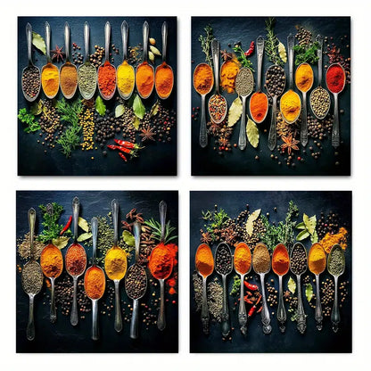 4pcs Herbs And Spices Theme Wall Art Canvas Framed