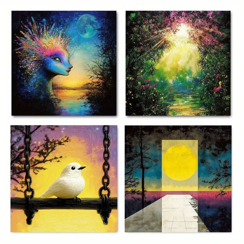 4pcs Vibrant Sunset, Moonlit Night & Serene Gard Wall Art Canvas Framed