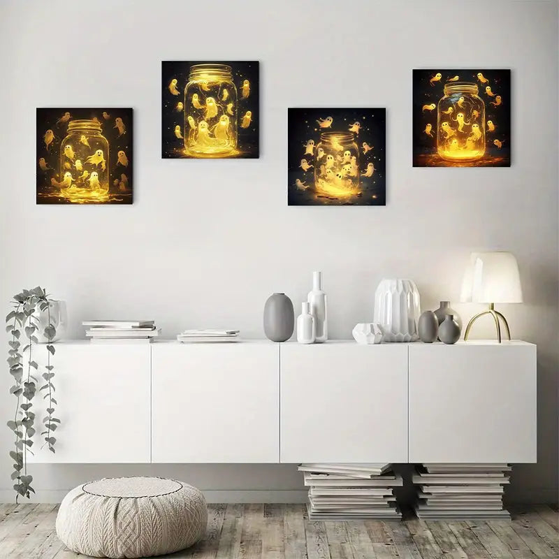 4pcs Ghost Glow Bottle Designs Wall Art Canvas Framed