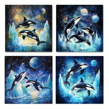 4pcs Majestic Oranges Leaping Off Water, Starry  Wall Art Canvas Framed