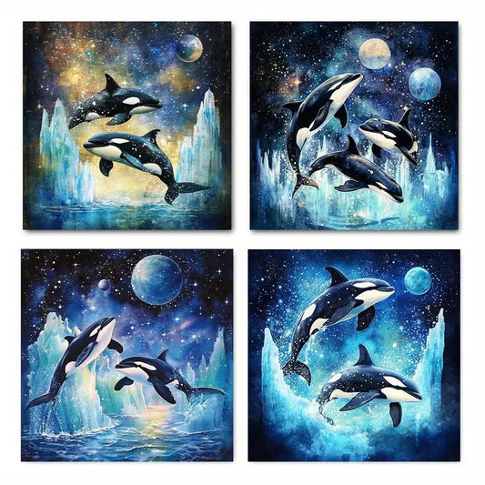 4pcs Majestic Oranges Leaping Off Water, Starry  Wall Art Canvas Framed