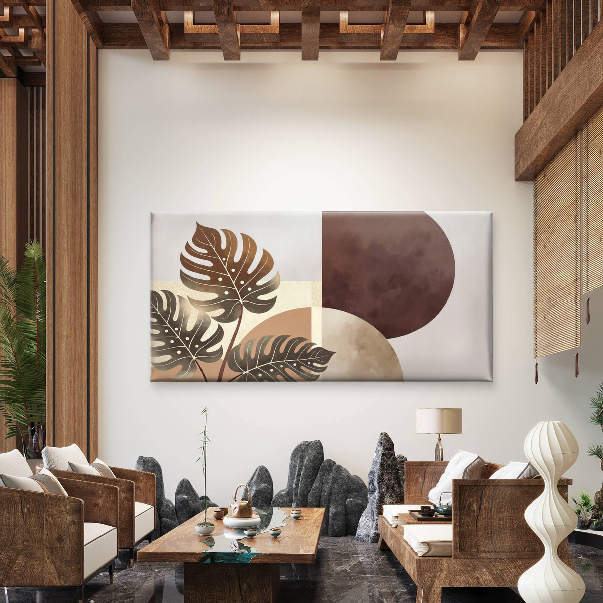 Terracotta Sun Monstera Leaves Wall Art Canvas Office Home Room Framed 120x60cm