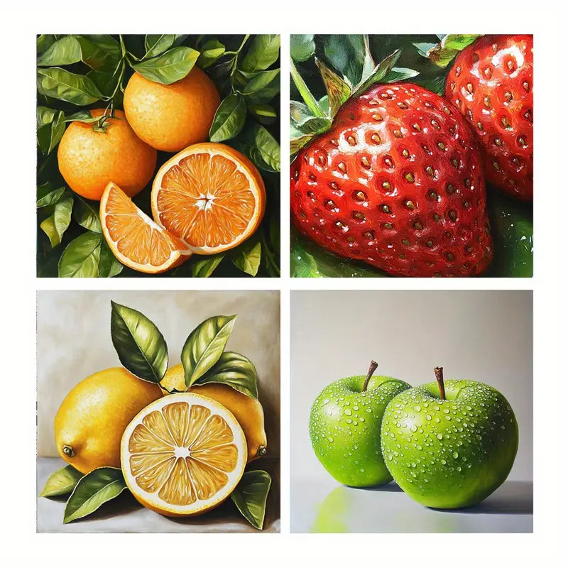 4pcs Strawberry, Lemon, Orange & Apple Designs Wall Art Canvas Framed
