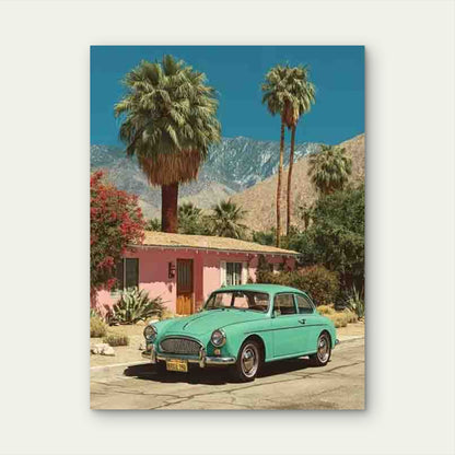 Retro Green Car Pink House Palm Trees 60x90cm Metal Print Ready to Hang