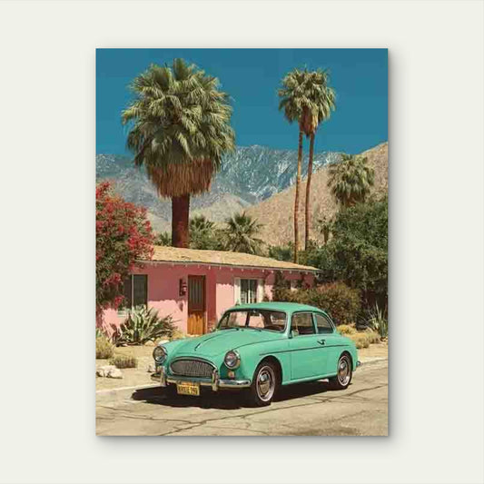 Retro Green Car Pink House Palm Trees 60x90cm Metal Print Ready to Hang