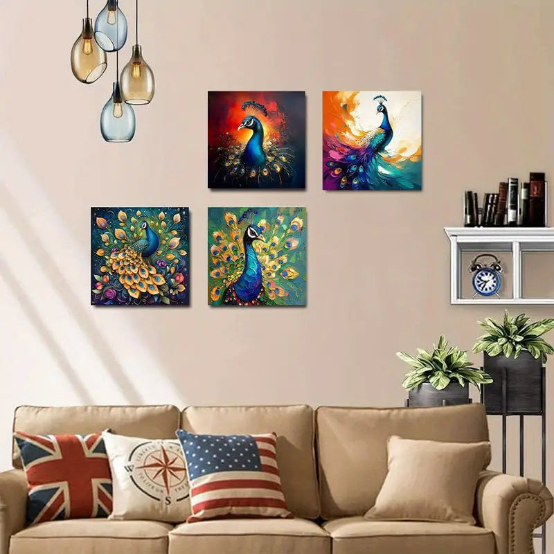 4pcs Peacock picture quality texture PT Wall Art Canvas Framed