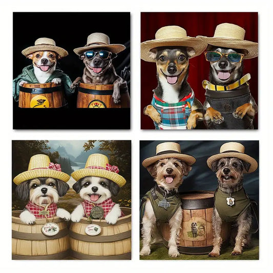 4pcs Funny Dogs With Beer Mugs Wall Art Canvas Framed