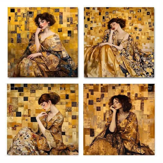 4pcs Elegant Lady In Golden Poster Wall Art Canvas Framed
