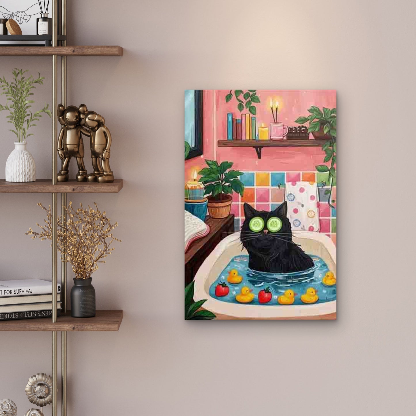Black Cat with Cucumber in Bathtub 60x90cm Metal Print Ready to Hang