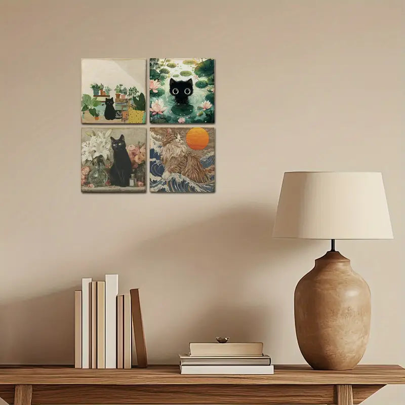 4pcs Adorable Orange Cat Room Decoration Wall Art Canvas Framed