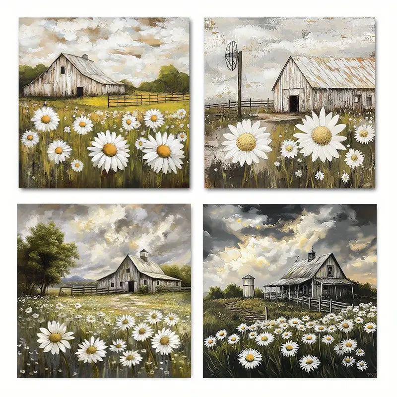 4pcs Windmill & Barnhouse Scenes, Wall Art Canvas Framed
