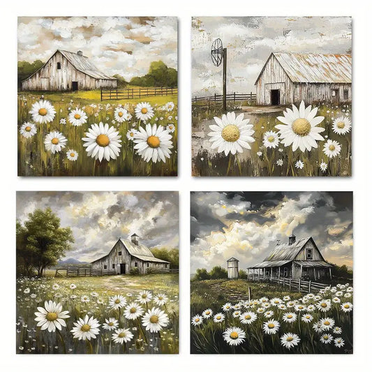 4pcs Windmill & Barnhouse Scenes, Wall Art Canvas Framed
