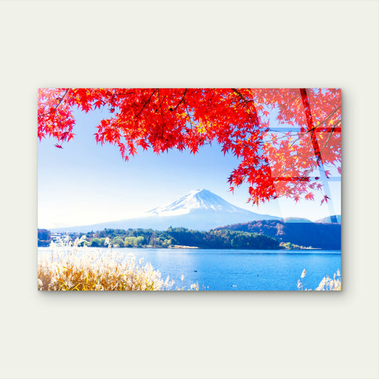 Mount Fuji Japan Red Autumn Maple Leaves Acrylic Glass Printing Wall Art Australian Made Quality