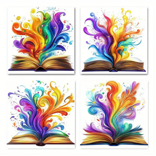 4pcs Colorful Abstract Magic Book Designs Wall Art Canvas Framed