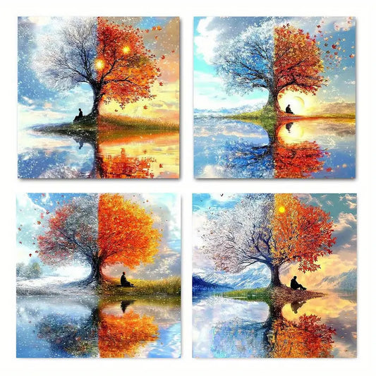 4pcs Four Season Tree of Life Wall Art Canvas Framed