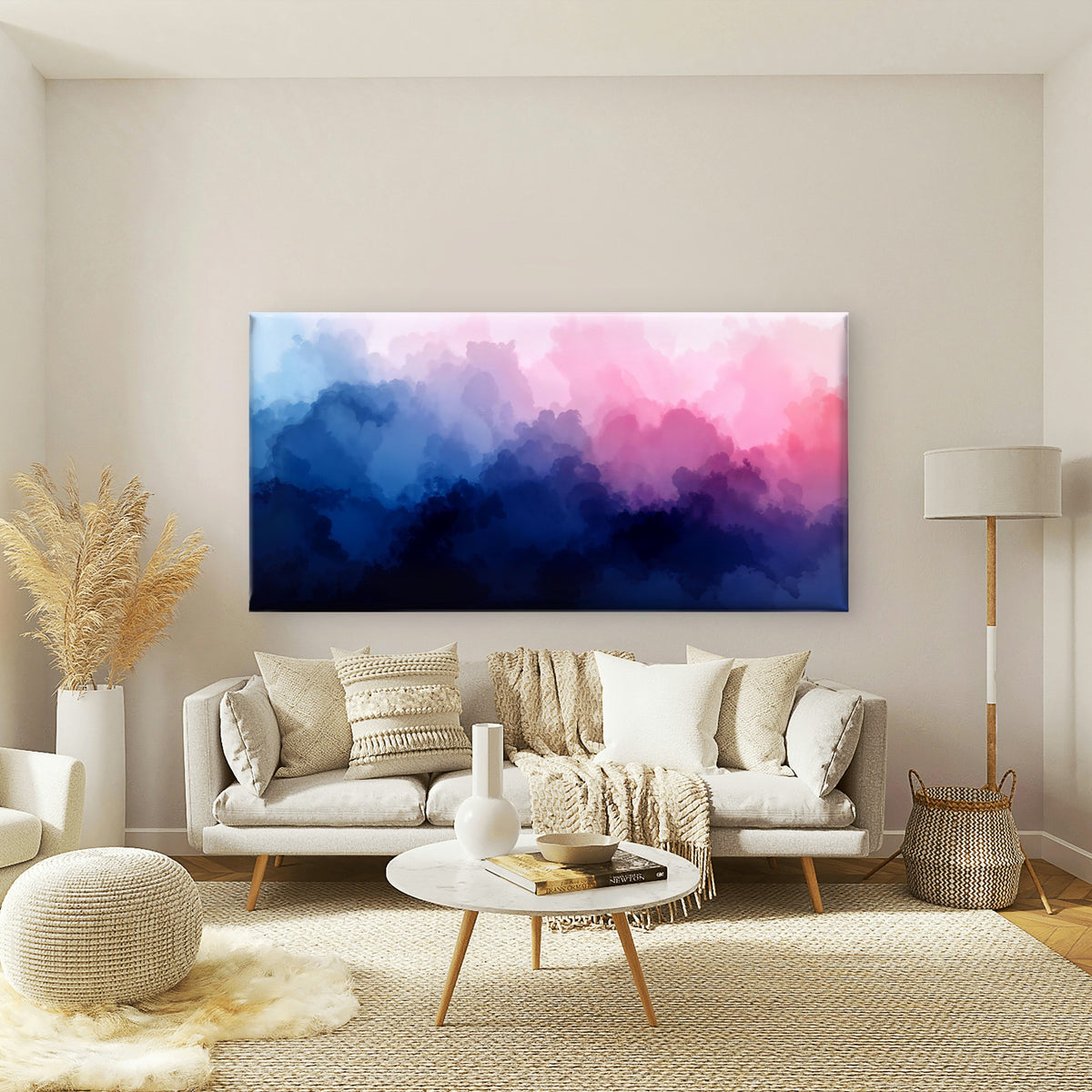 Pink Blue Watercolor Clouds Wall Art Canvas Office Home Room Framed 120x60cm