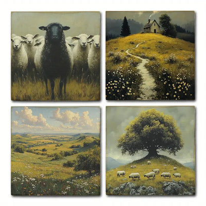 4pcs Green Meadow With Sheeps  Wall Art Canvas Framed
