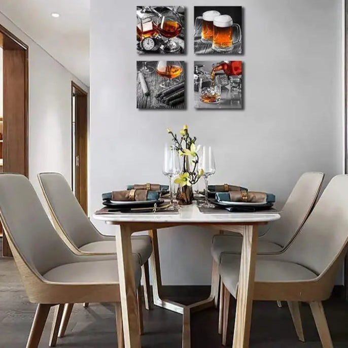 4pcs Vintage Black & Grey Wine Glass Wall Art Canvas Framed