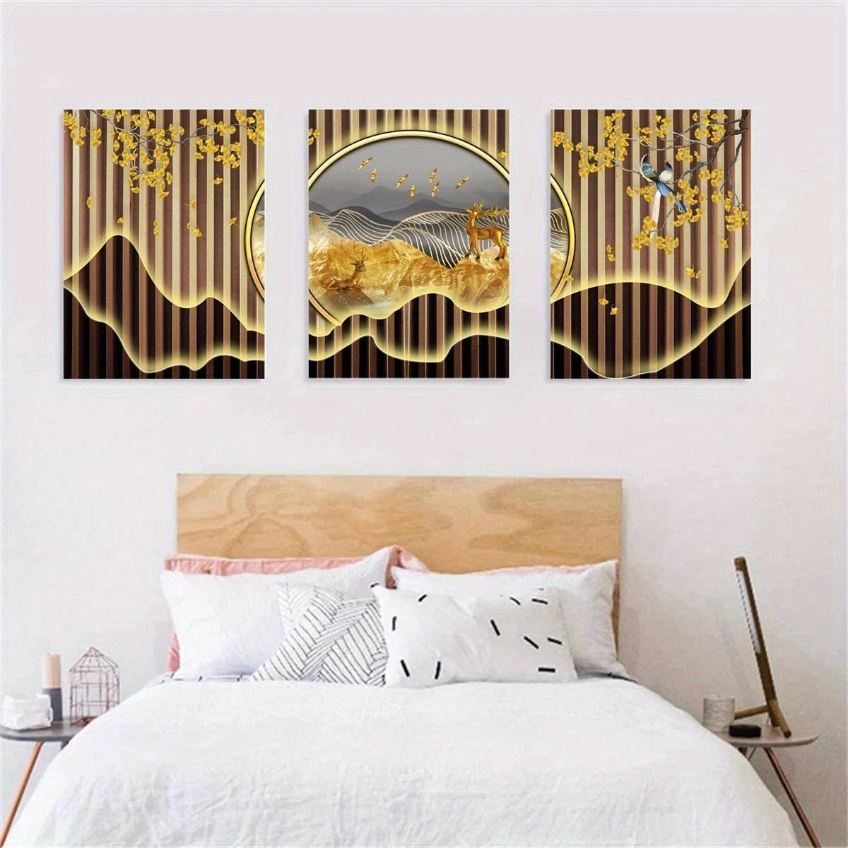 3pcs Rich Deer, Golden Leaves & Birds Mountain Metal Print Ready to Hang Art