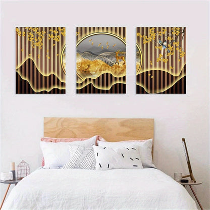 3pcs Rich Deer, Golden Leaves & Birds Mountain Metal Print Ready to Hang Art