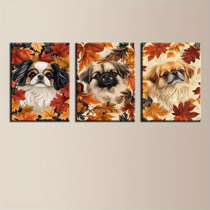 3pcs Pekingese Dog Autumn Leaves Elegant Design Metal Print Ready to Hang Art