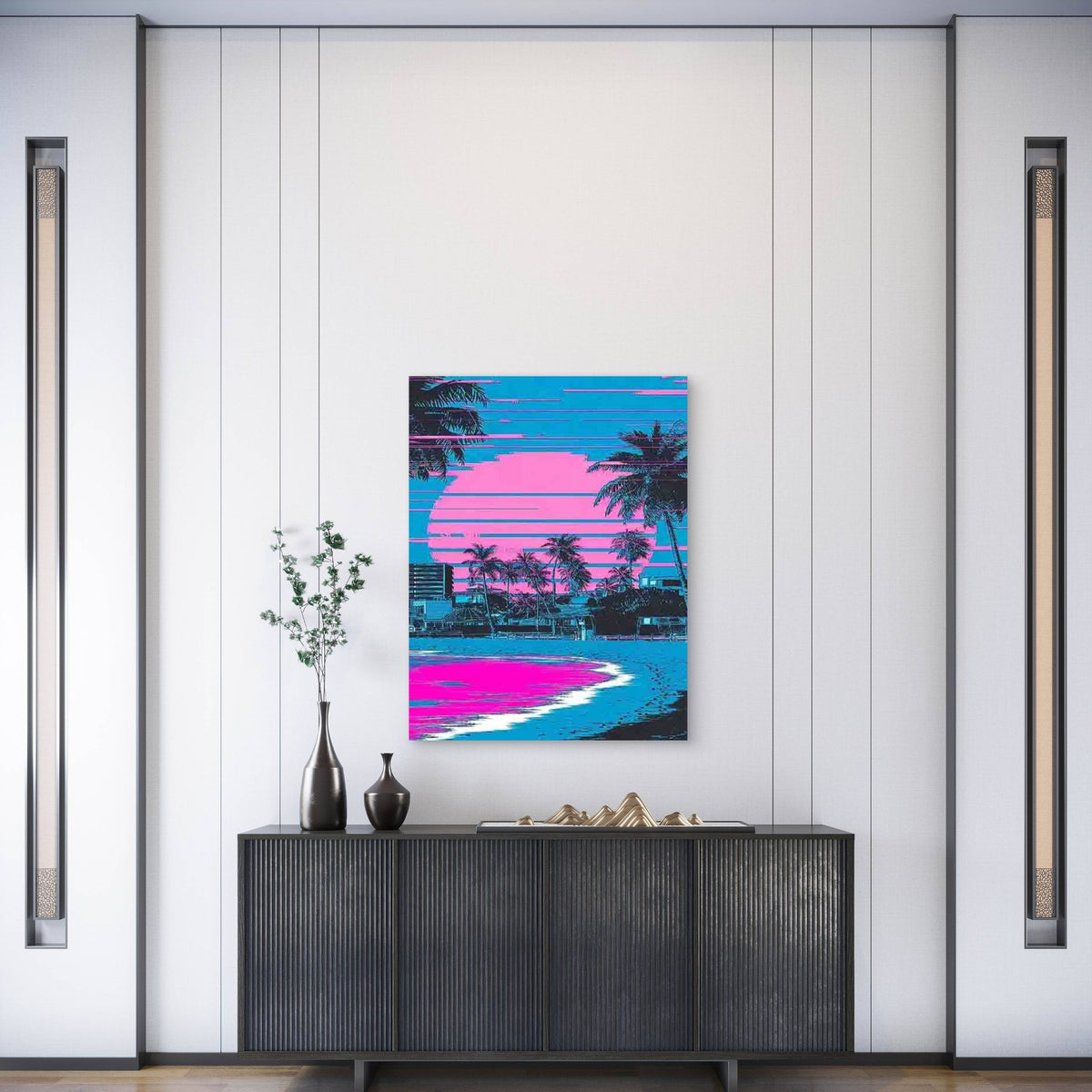Vibrant Pink & Blue Palm Tree Sunset 60x90cm Metal Print Ready to Hang