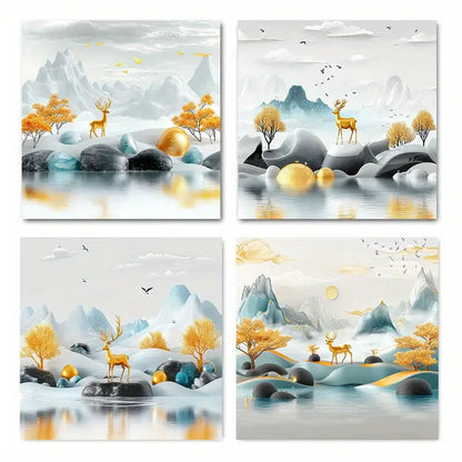4pcs  Mountain Sun fog reindeer Wall Art Canvas Framed
