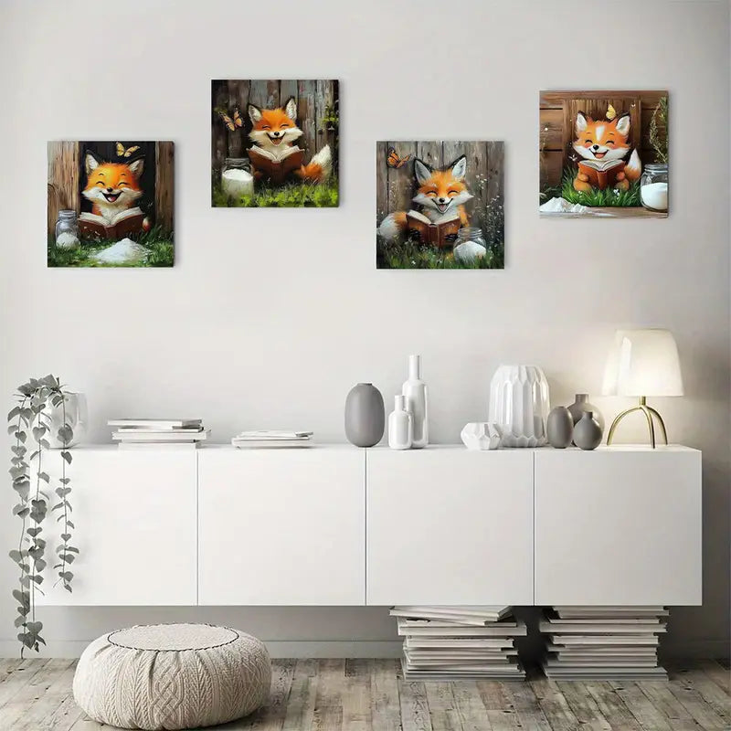4pcs Charming Fox Abstract Canvas  Wall Art Canvas Framed