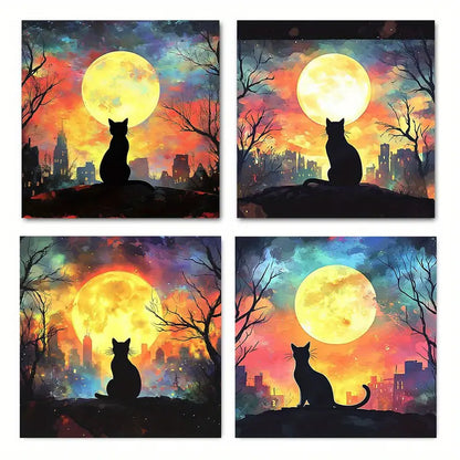 4pcs Black cat starry nigh Suitable  CV     Wall Art Canvas Framed