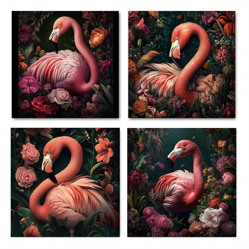 4pcs Flamingo & Floral  Classic Art Wall Art Canvas Framed